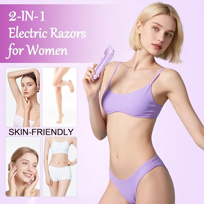 Dermave Bikini Shaver, 2 in 1 Dual Head Bikini Trimmer & Body Shaver, Pain-Free Electric Trimmer for Women, IPX7 Waterproof Wet & Dry, Ceramic Blade, Purple