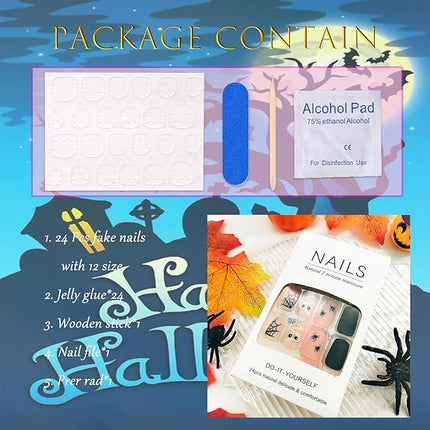 Halloween Press on Nails Medium Square Fake Nails Matte Glue on nails Nude False Nails with Cute Mummy Spiders Webs Design Halloween Nails Black Full Cover Stick on Nails for Women Girls 24 Pcs