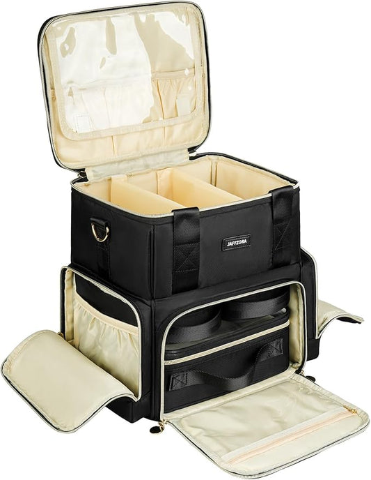 Extra Large Makeup Bag with 3 Removable Cases, Double Layers Travel Cosmetic Storage Organizer Bag with Detachable Dividers, Black