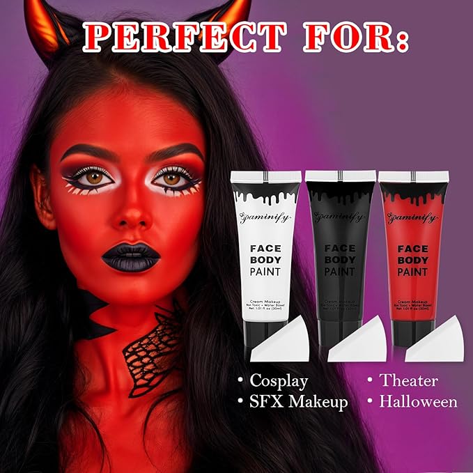 Black White Red Face Body Paint 1.01 oz/pc with 3 Sponges,Water Based Face Paint Kit for Clown Joker Devil Vampire Skeleton Cosplay Makeup,Halloween SFX Makeup Cream Face Painting,3.03 oz