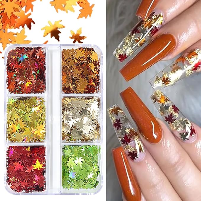 Maple Leaf Nail Art Glitter Sequins 3D Fall & Autumn Maple Leaves Holographic Confetti 6 Colors Laser Leaf Glitter Flakes for Women's Thanksgiving Nails