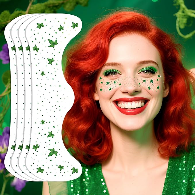 Ivy Leaf Freckles Face Tattoo - Green Glitter Face Gems & Vine Temporary Tattoos | Waterproof Halloween Makeup Kit for Halloween Ivy Costume, Festival Cosplay, Rave Party Favors (8 Sheets)