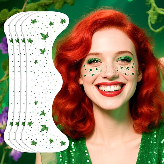 Ivy Leaf Freckles Face Tattoo - Green Glitter Face Gems & Vine Temporary Tattoos | Waterproof Halloween Makeup Kit for Halloween Ivy Costume, Festival Cosplay, Rave Party Favors (8 Sheets)