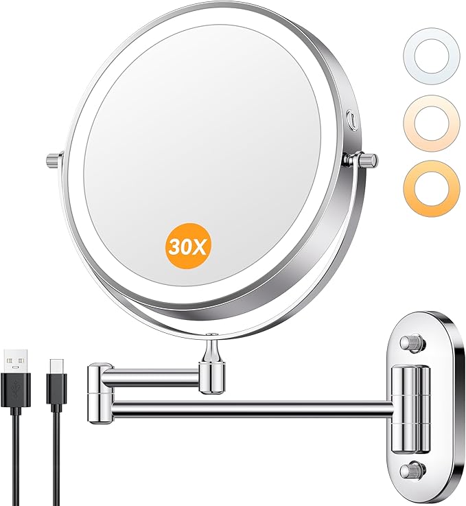 1X/30X Wall Mounted Makeup Mirror with Light, 8" Rechargeable Double-Sided Magnifying Mirror, Vanity Mirror Dimmable 3 Color Light, 360° Extension Rotation Foldable 14.5 Inch Arm, Chrome