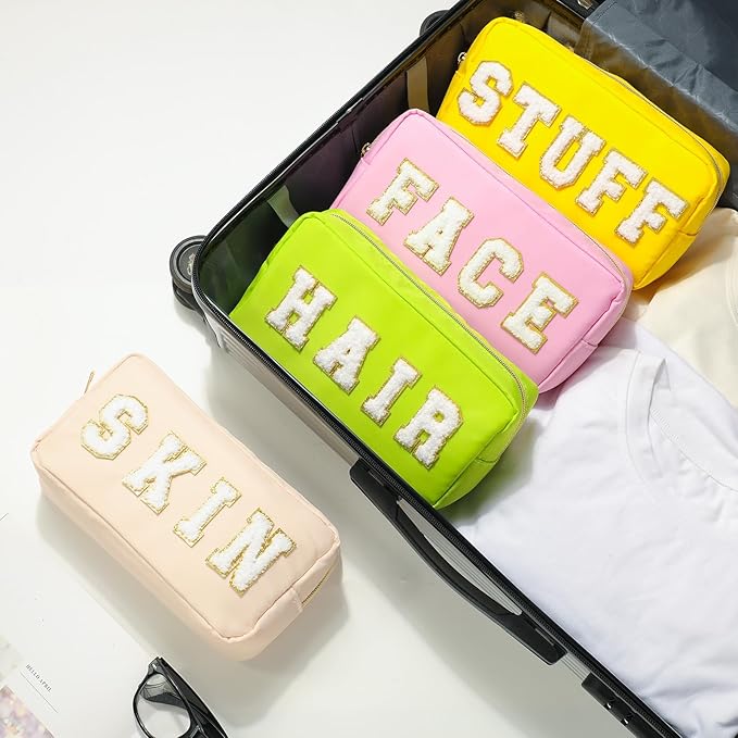 Cunno 4 Pcs Preppy Makeup Bags Chenille Letter Stuff Bag Nylon Cosmetic Pouch Cases with Zipper for Women Travel Toiletry