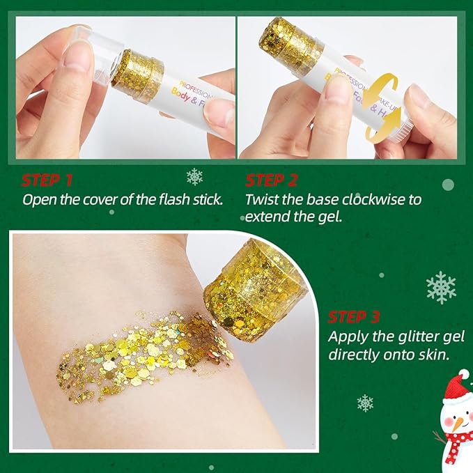 Christmas Body Glitter Stick Red Face Glitter Green Hair Glitter Christmas Face Paint Rave Makeup Glitter Festive Face Gems Halloween Fine Chunky Glitter Stick for Women Girls 2Pack