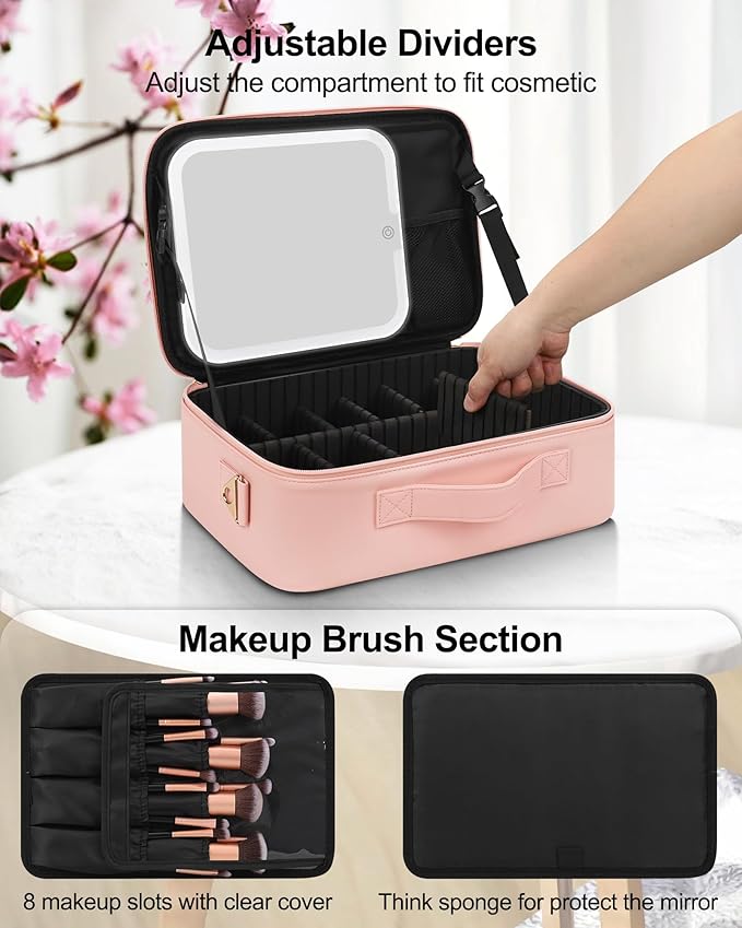 Relavel Makeup Train Case With LED Mirror, Professional Travel Cosmetic Bag with Removable Partitions,Compact Makeup Organizer, Waterproof Toiletry Case for Women, Pink