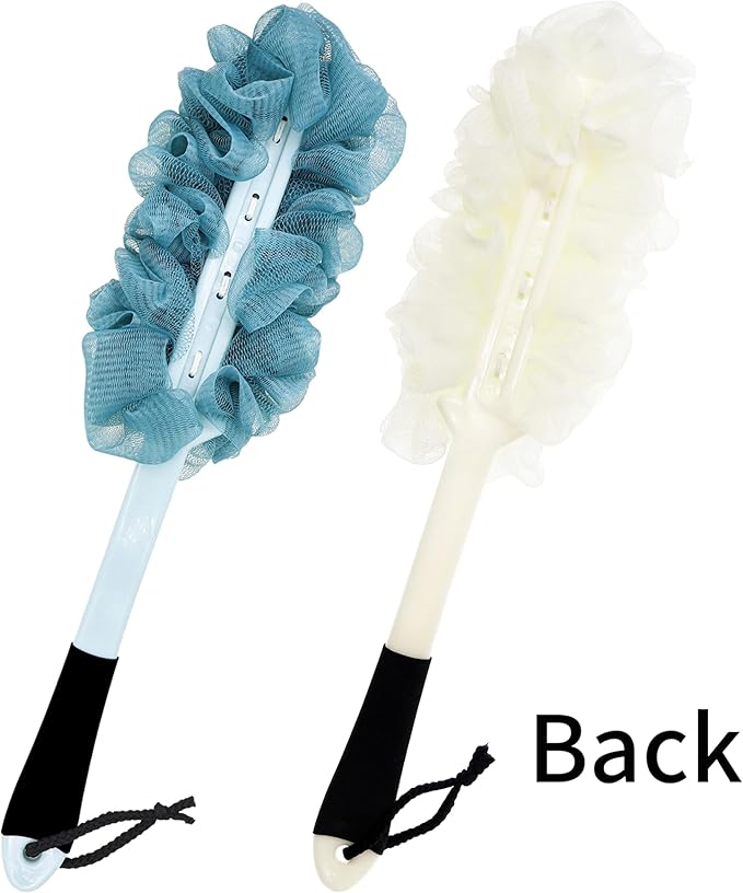 2Pack Back Scrubber for Shower, Loofah with Handle, Back Loofah Non-Slip Handle, Bath Body Brush, Scrub Cleaning Brush for Shower, Soft Mesh Sponge On a Stick for Men Women Elderly (Blue and White)