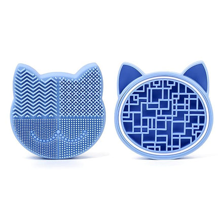 Silicon Makeup Brush Cleaner Mat with Portable Cat Shaped Cosmetic Brush Cleaning Pad Holder - Blue