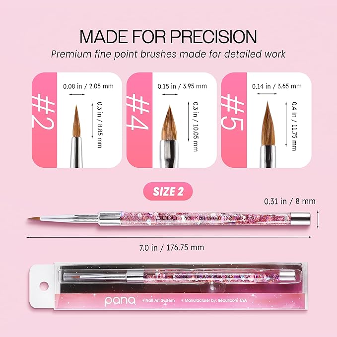 PANA 3D Kolinsky Nail Art Brush - Pink Glitter Handle, Size 2 - Acrylic Nail Art Sculpture Brush for Manicures Pedicure Salon Professional or Beginner