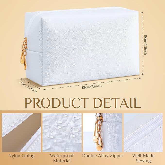 Cunno 50 Pcs Makeup Bag Bulk PU Leather DIY Cosmetic Plain Preppy Makeup Pouch Portable Waterproof Toiletry Bags for Women Travel Pencil Case Cosmetic Organizer (White)