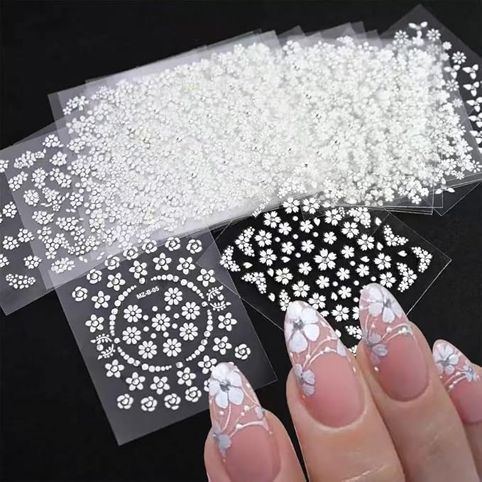 White Flower Nail Art Stickers White Flower with Rhinestones Nail Decals 3D Self Adhesive Nail Stickers Nail Art Designs Flowers Sticker for Nails Decorations 30 Sheets