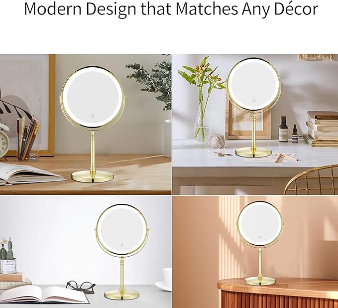 Gold Makeup Mirror with Light 1X/10X Free Standing 8 Inches 360 Swivel Dual-Sided Tabletop Makeup Mirror, Metal