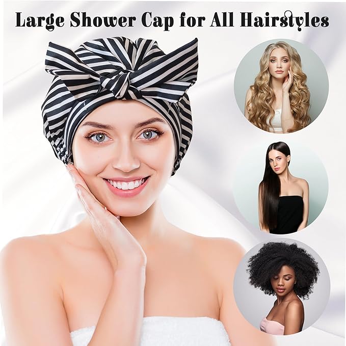 Luxury Shower Cap for Women, Shower Caps for Women Reusable Waterproof, Hair Cap for Shower, Large Adjustable Bowknot Bath Cap for Long Hair Braids