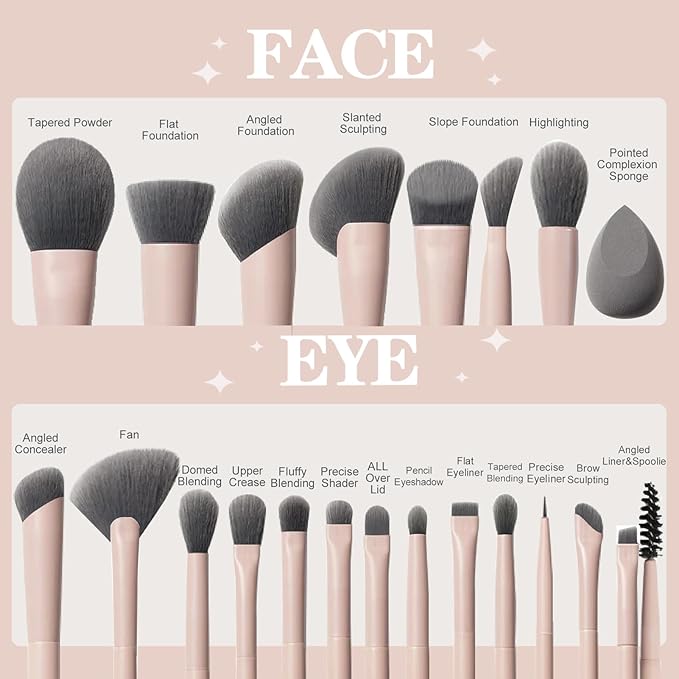 20pcs Pink Essential Makeup Brush Set Professional Powder Concealers Eye shadows Blush Eyeliner Eyebrow Contour Eye blending foundation kit (20pcs makeup brush set)