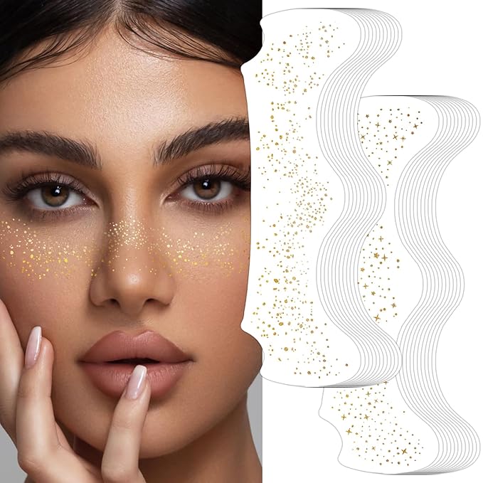 Face Glitter Freckles Tattoo, Glitter Face Makeup Patches, Body Glitter Sparkle Freckles Stickers for Women Kid, Festival Concert Carnival Party Halloween Decor Rave Outfits, 24PCS Gold Glitter