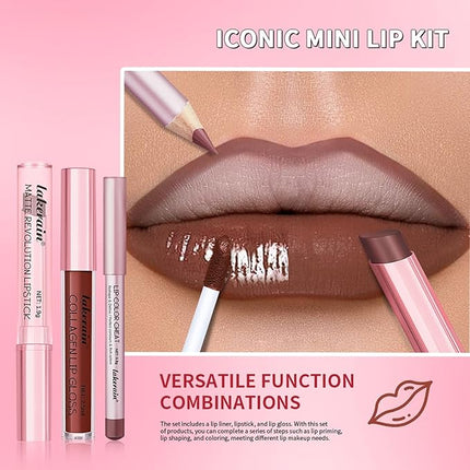BestLand 3PCS Lip Liner and Lipstick Combo Set - Matte Lip Liner Pencil, Velvet Matte Lipstick & Hydrating Collagen Lip Gloss - Long-Lasting, Smudge-Proof, Nude Brown Lip Makeup Kit (#4 Nude Brown)