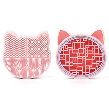Silicon Makeup Brush Cleaner Mat with Portable Cat Shaped Cosmetic Brush Cleaner Pad - Pink