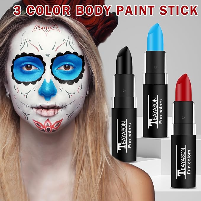 3 Colors Face Body Paint Eye Black Sticks for Sports Football Baseball Softball,Convenient Design Facepaint for Halloween SFX Clown Cosplay Makeup（Blue/Black/Red Body Paint Sticks）