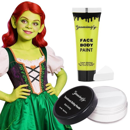Ogre Green Face Paint with Setting Powder and sponge,1.01 Oz Water Based Full Coverage Green Body Paint,Halloween Face Painting Kit SFX Makeup Cosplay Monster Costume for Adults & Kids