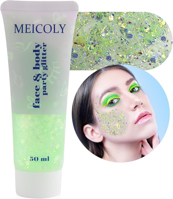 MEICOLY Chameleon Lime Green Body Glitter, Color Changing Mermaid Holographic Glitter Gel for Face, Body, Hair, Festival Party Cheer Makeup