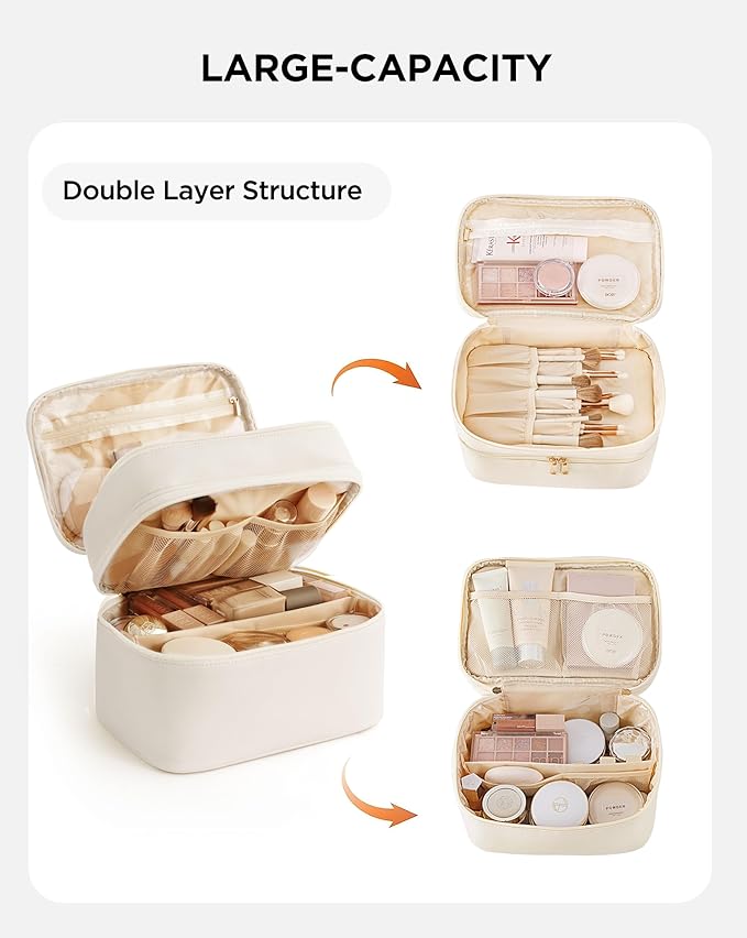 Makeup Bag for Women, X-Large Travel Makeup Bag Organizer, Portable Toiletry Bag, Cute Makeup Bags Waterproof Leather Cosmetic Bag Makeup Case with Removable Dividers, Beige