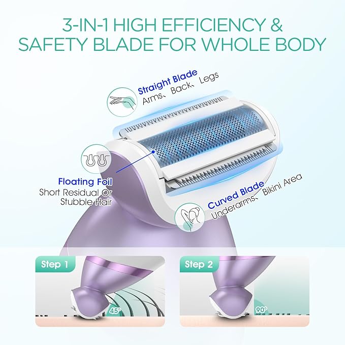 VOYOR Electric Razors for Women 4 in 1 Bikini Trimmer, Foil Shaver for Women 4 Replacement Heads for Body, Pubic Hair Trimmer, Cleansing, Massage 2 Adjustable Speeds Rechargeable Shaver ES501 (Purple)