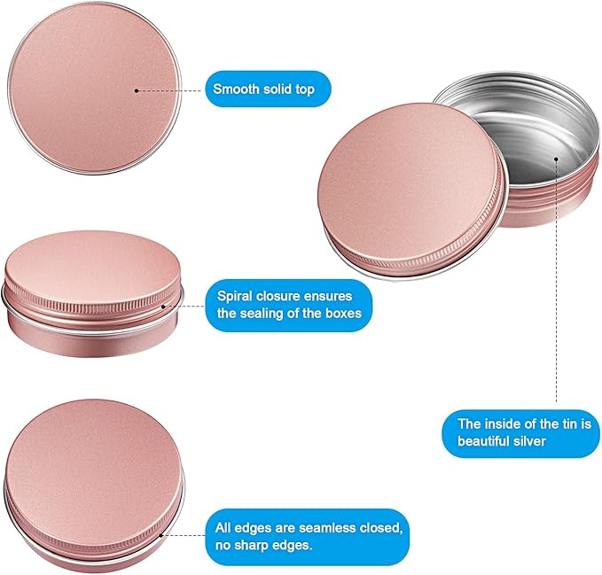 Patelai 2 oz 120 pcs Metal Round Tins Aluminum Tin Cans Salve Tins Containers with Screw Lid 20 Sheets Stickers for Salve Spice Candies Balms Candles (Rose Gold)