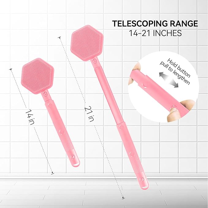 21 Inches Silicone Back Scrubber for Shower - Extendable Shower Brush Long Handle with Stiff and Soft Bristles -Loofah Alternative- Body Exfoliator for Bath or Dry Brush,Men & Woman (Pink)