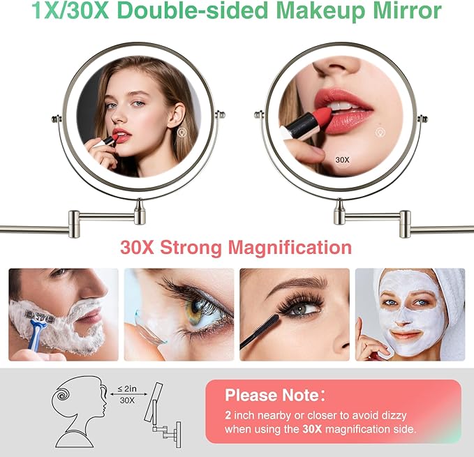 30X/1X Wall Mounted Makeup Mirror with Light: 8.5 Inch Double-Sided, 3 Color Modes, USB-C Rechargeable, 360° Swivel, Brushed Nickel