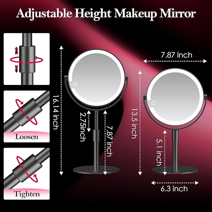 Led Makeup Mirror with Lights, 20X Magnifying Mirror, Rechargeable Magnified Makeup Mirror with 360°Rotation & Height Adjustable, Detachable Vanity Mirror(Black)