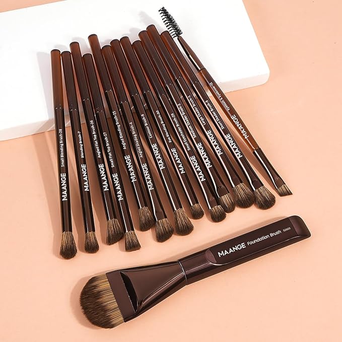 MAANGE 14-Piece Makeup Brush Set with Aluminum Ferrule- Premium Synthetic Makeup Brushes Kit Foundation Brush Eye Shadow for Beginners & Professionals(Dark Coffe)