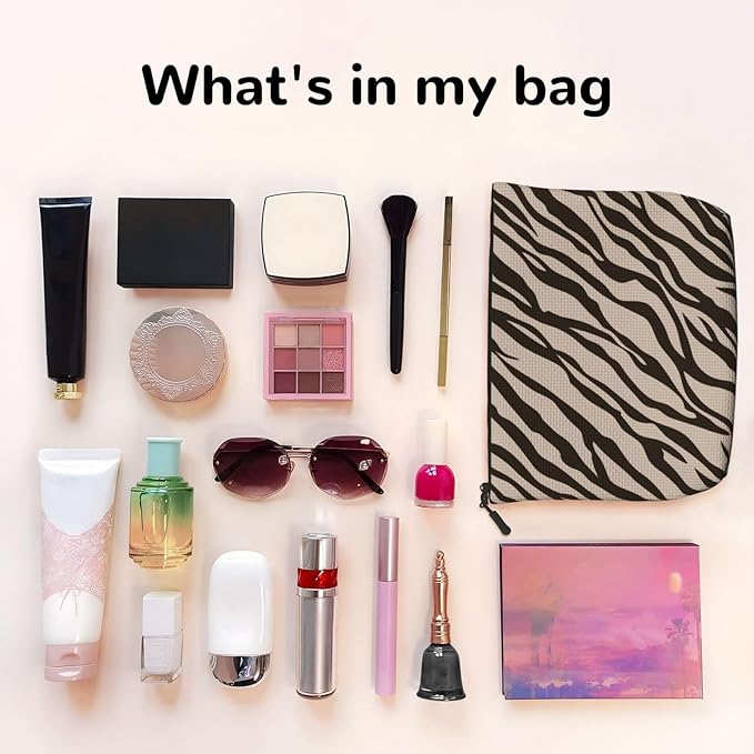 MOLAIGIN Zebra Print Brown Apricot Cosmetic Bag For Women, Travel Makeup Bag, Toiletry Zipper Bag, Large Capacity Aesthetic Cases