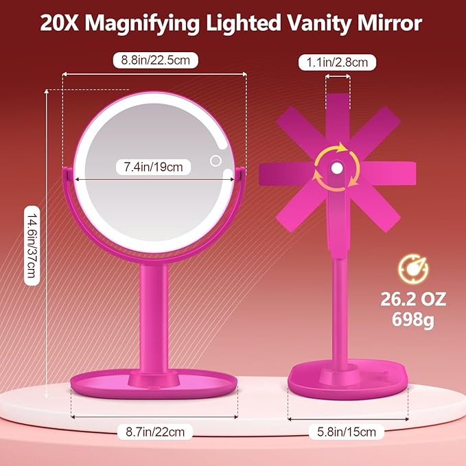 MIYADIVA Makeup Mirror with Lights, 20X Magnifying Mirror with Light and Touch Switch, 2-Sided Vanity Mirror with 3 Color and 80 LEDs, Hot Pink