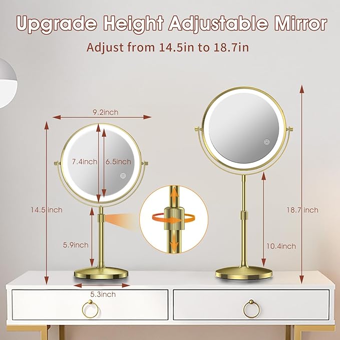MILPROX 8 Inch Makeup Mirror with 10X Magnification & 3 Color Lights, Adjustable Brightness & Height, Rechargeable Double Sided 1X 10X Magnifying Mirror, Lighted Makeup Mirror Touch Sensor - Gold