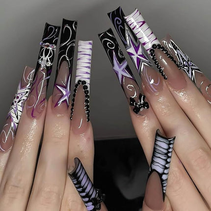 RUOKEXIN Extra Long Press on Nails Black French Tip Fake Nails Square False Nails with Bow Rhinestones Designs Extra Long Square Nail Press ons Sparkly Glue on Nails Cute Stick on Nails for Women