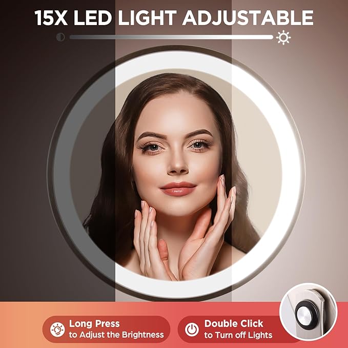 Lighted Makeup Mirror with Magnification, 15x Nickel Lights Makeup Mirror with 3 Colors, 360°Rotation Touch Screen & Rechargeable Double Sided, Brightness Adjustable, Type-C Charging Cable