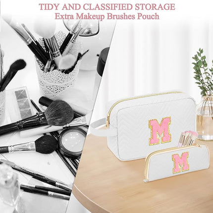 Personalized Initial Makeup Bag Trendy Stuff Leather Waterproof Cosmetic Bag Travel Toiletry Bag, Makeup Organizer Case Mother's Day/Birthday/Graduation Gifts for Women Girls Mom Girlfriend White.