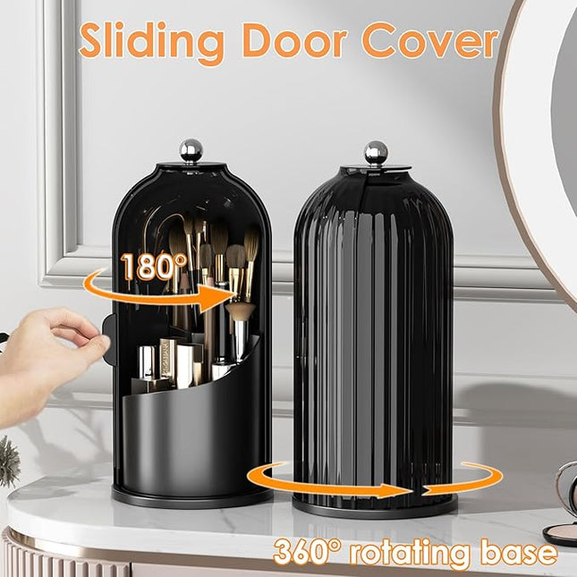 Makeup Brush Holder with Lid 360 Rotating Clear Dustproof Make Up Organizers for Vanity Bathroom Countertop, All Black