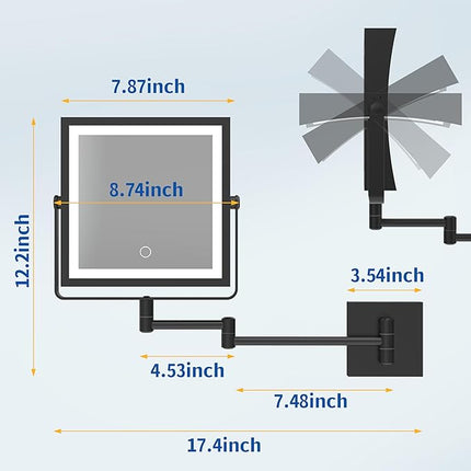 Ruacq Rechargeable Wall Mounted Makeup Mirror with Lights, Double Sided 1X/10X Magnifying Vanity Mirror with 3 Color Lighting, Touch Screen Dimmable, 360° Rotation Extension Foldable Arm(Matte Black)