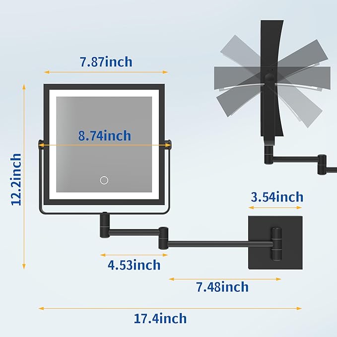 Ruacq Rechargeable Wall Mounted Makeup Mirror with Lights, Double Sided 1X/10X Magnifying Vanity Mirror with 3 Color Lighting, Touch Screen Dimmable, 360° Rotation Extension Foldable Arm(Matte Black)