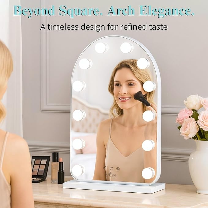 LUXFURNI Hollywood Mirror with Lights Makeup Mirror for Bedroom, Vanity Arched Mirror with 12 Dimmable Bulbs Smart Touch Control 3 Color Lighting Modes