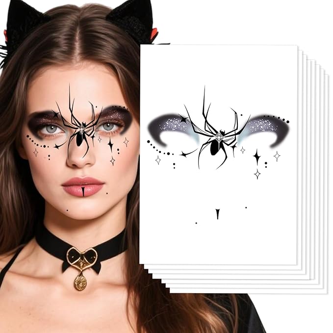 8Pcs Halloween Face Tattoos, Spider Silhouette & Glitter Stars Face Tattoos,Face Temporary Tattoos,Cosplay Face Makeup Tattoo Stickers, Easy Temporary Face Body Decals for women,Girls
