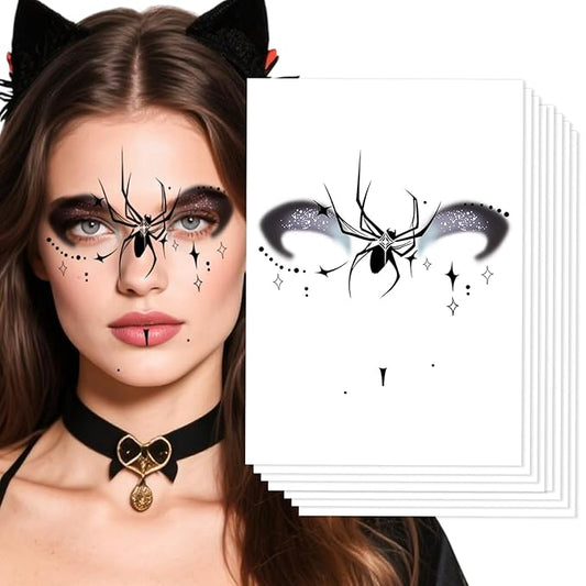 8Pcs Halloween Face Tattoos, Spider Silhouette & Glitter Stars Face Tattoos,Face Temporary Tattoos,Cosplay Face Makeup Tattoo Stickers, Easy Temporary Face Body Decals for women,Girls
