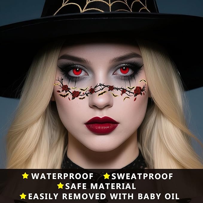 Glitters Halloween Freckle Temporary Tattoos, Metallic Face Makeup Patches Gothic Punk Sparkle Patches, Spider Web Bat Stickers Tattoo for Adult Kids Tattoo Masquerade Party Supplies, 12 Sheets