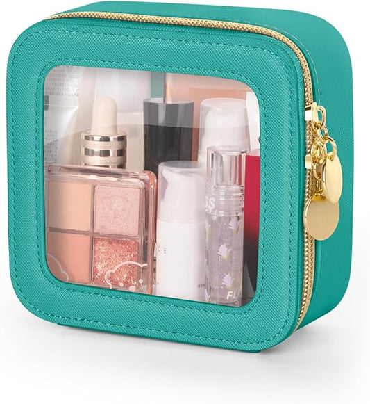 Mini Makeup Bag, Small Makeup Bag for Purse, Waterproof Clear Makeup bag, Leather Cosmetic Bag, Square Make Up Bag Pouch, Toiletry Bag for Travel, Car and Women, Green