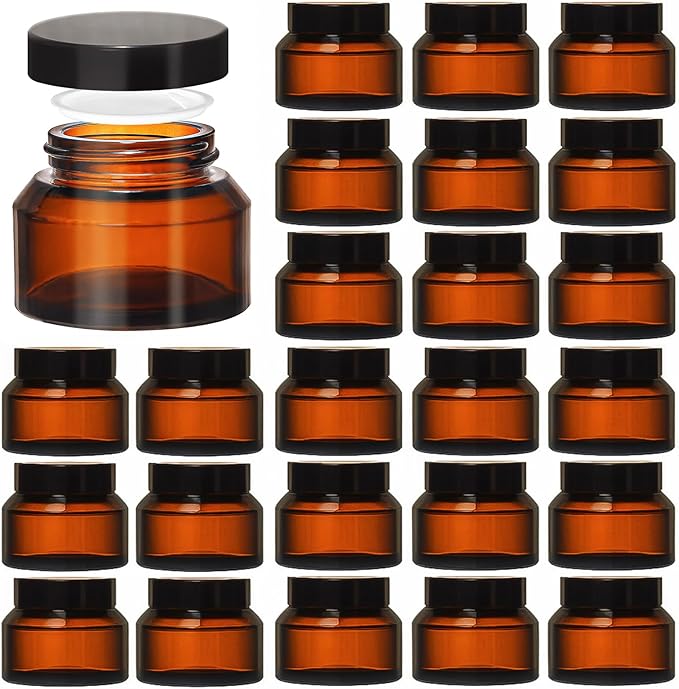 Amber 1.7oz Small Glass Jars with Lids - 24 Pack Leakproof Cosmetic Containers Durable with Inner Liners, Sealable for Creams, Lotions, Essential Oils, Body Butter, Travel Samples