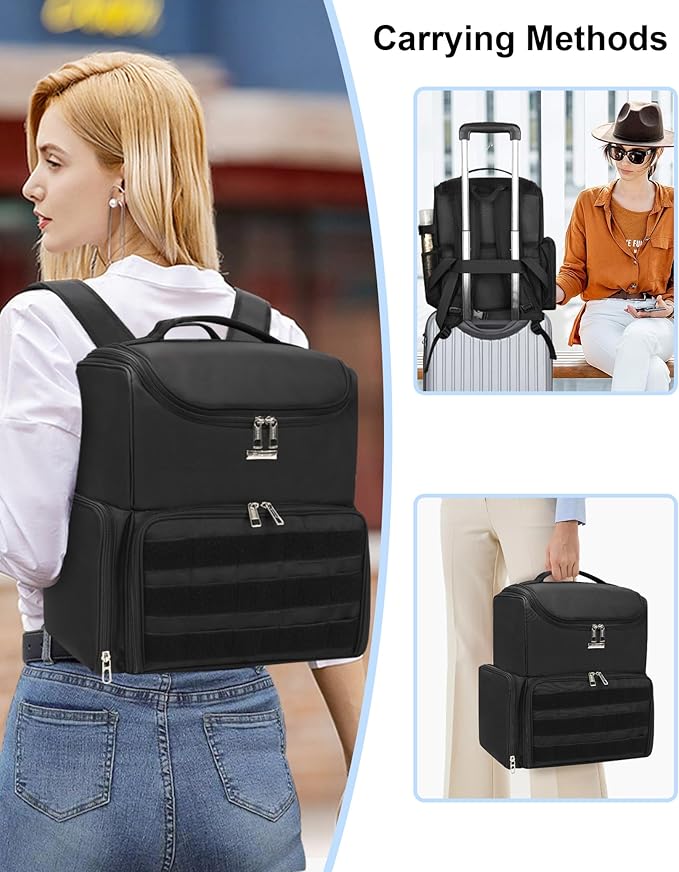 Relavel Makeup Backpack Large Makeup Bag with 3 Clear Set Bags, Dual Layer Professional Cosmetic Organizer Travel Train Case Makeup Artist Kit with Adjustable Dividers & Easy to Clean Lining, Black