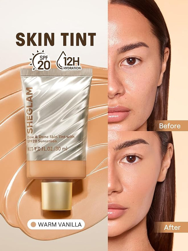 SHEGLAM Dew & Done Skin Tint with SPF20 Light-medium Coverage Foundation Evens Skin Tone-Warm Vanilla