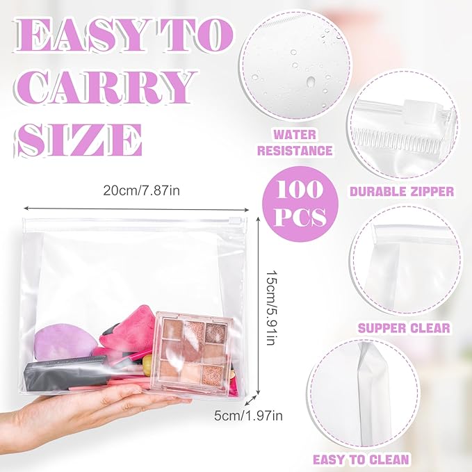 Xuniea 100 Pcs Mini Clear Makeup Bag PVC Small Travel Toiletry Organizer Pouches Bulk Waterproof Transparent Plastic Cosmetic Bag with Zipper for Women Men Travel(7.9'')